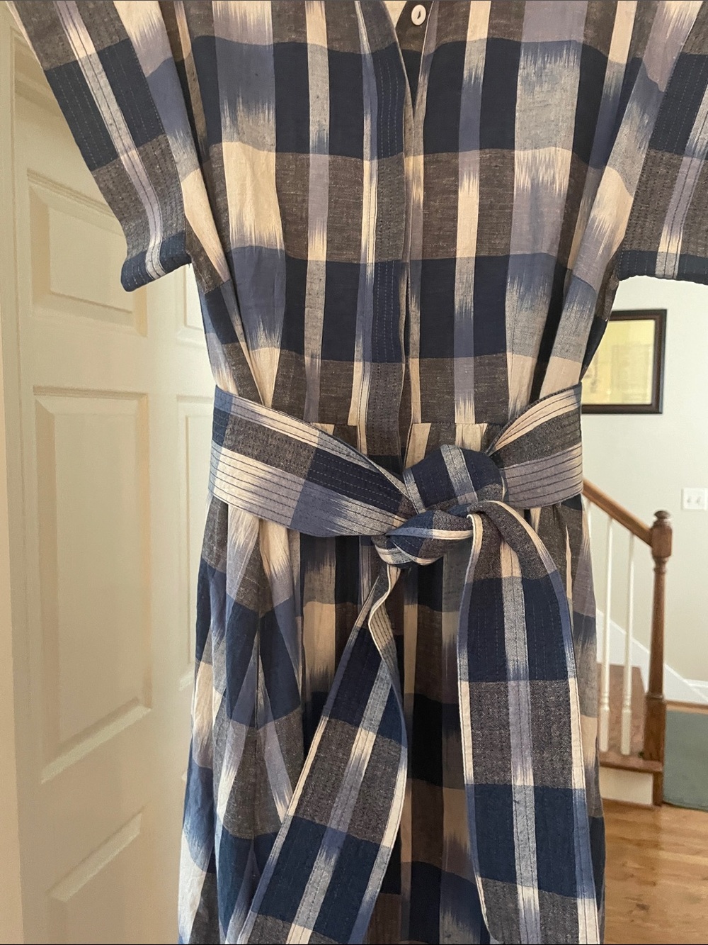 Oliphant Blue Plaid Shirt-Waist Midi Dress with Tie Belt Large - Picture 9 of 9
